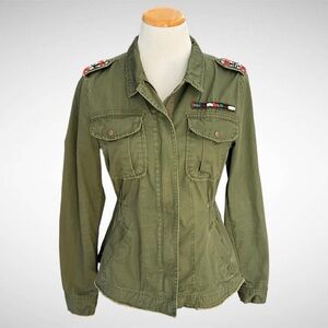 Miami Zip-Front Army Green Beaded Jacket Raw Hem Long Sleeves